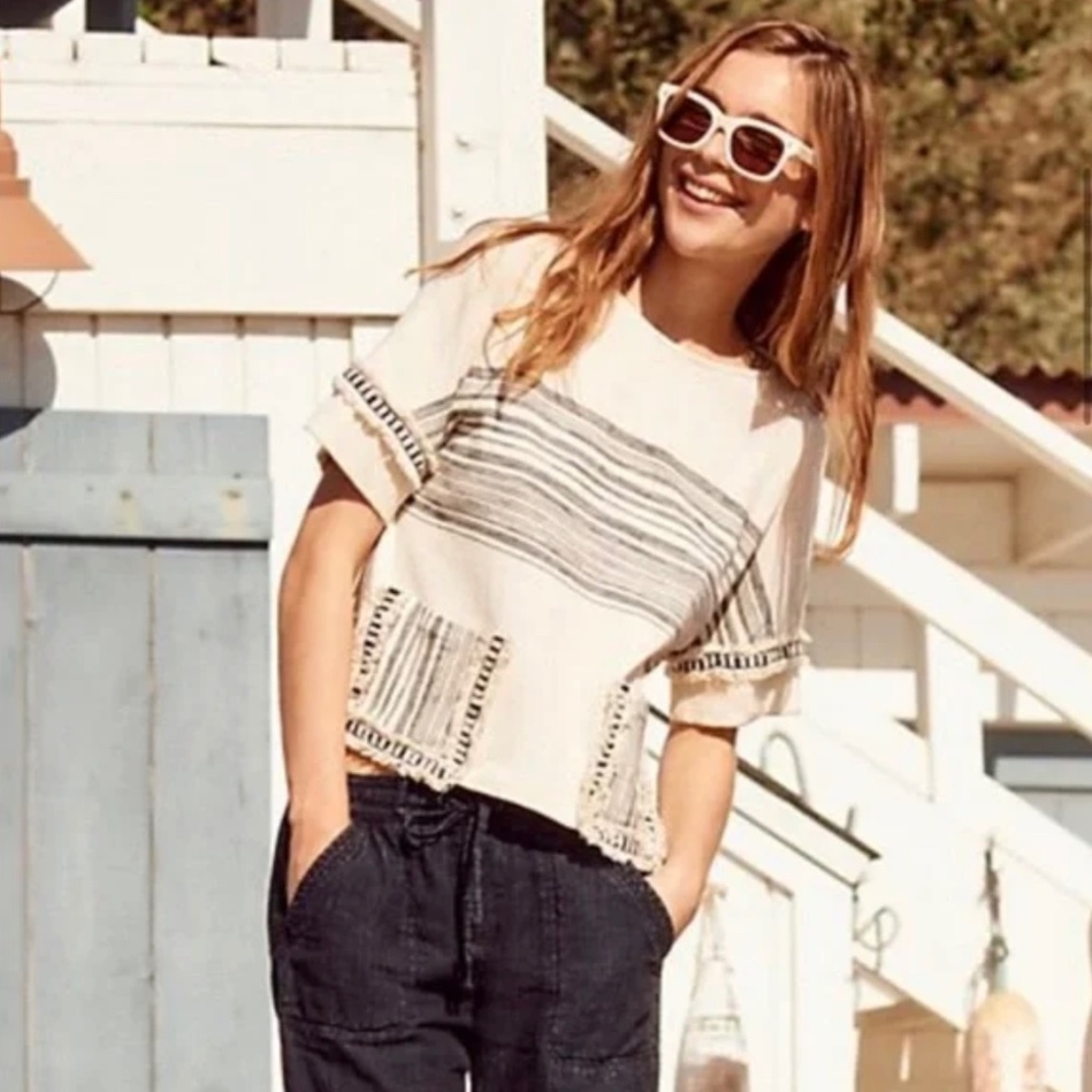 EVA FRANCO Anthropologie Knit Fringe Stroped Top Size XL, NWT